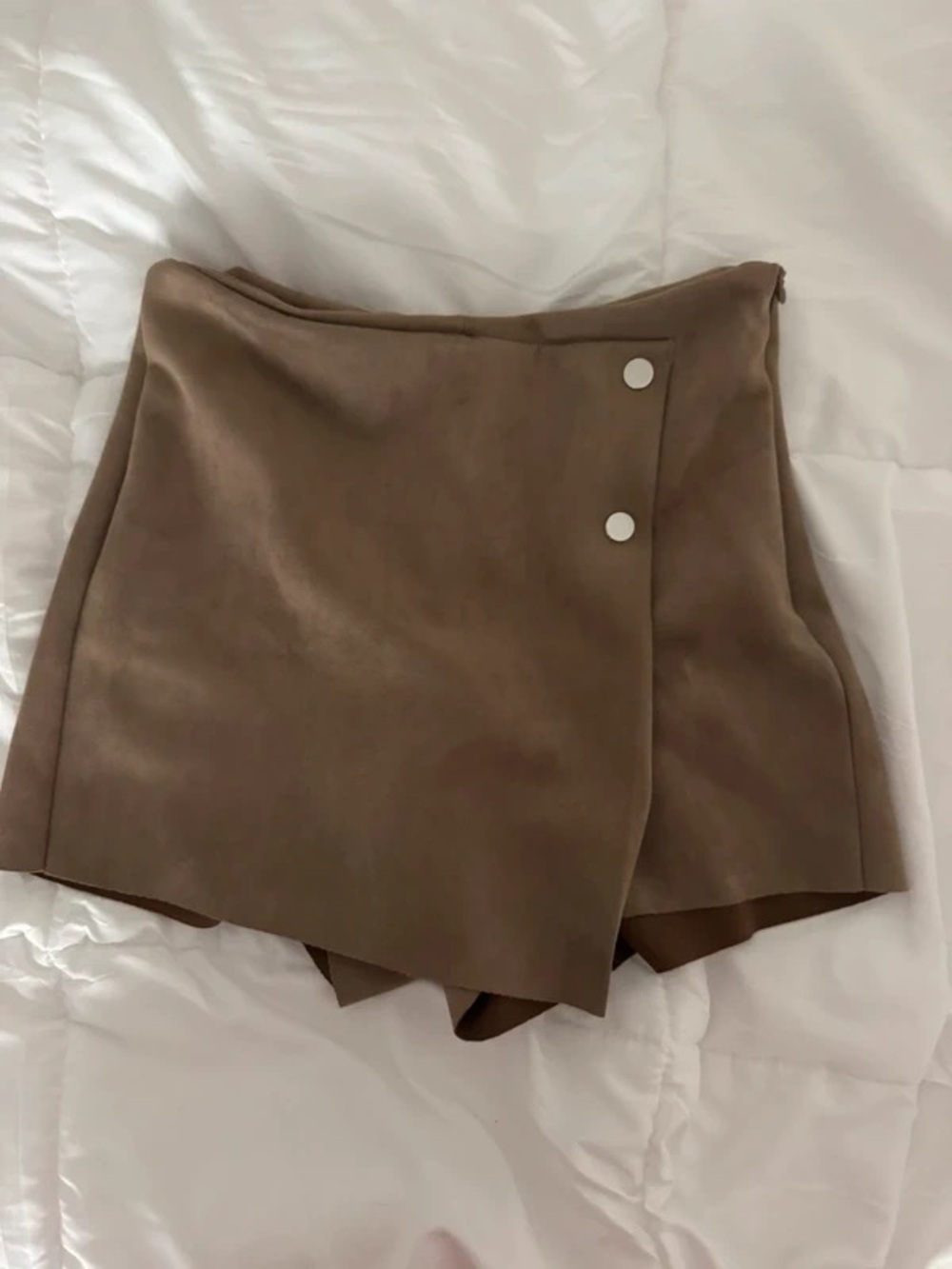 High-Waist Faux-Suede Wrap Shorts in Taupe